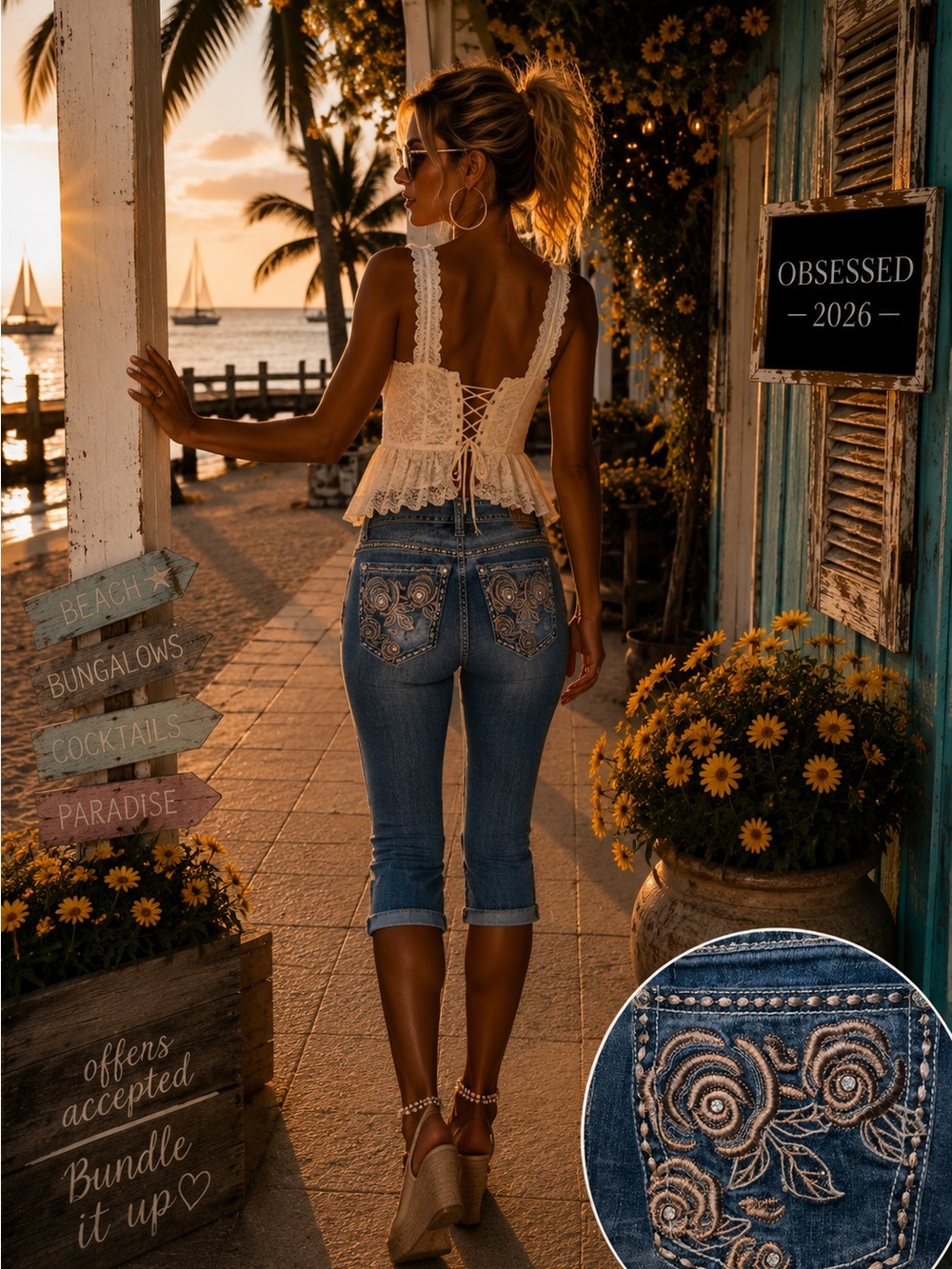 LA Idol Embellished Capris Jesns - Embroidered Floral Pocket Stretch Denim Crops